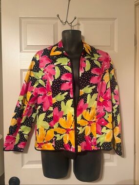 Laura Ashley Black Floral Zip-Front Jacket with Pink, Yellow & Green Blooms